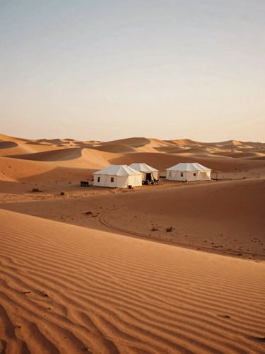 Wide environmental shot of a luxury desert camp in Morocco at golden hour, warm terracotta dunes, soft sunlight, 35mm film.