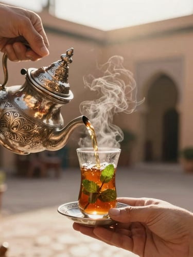 Close-up of hands pouring traditional mint tea from an ornate silver teapot into a glass, warm steam rising, soft morning light in a Moroccan riad courtyard