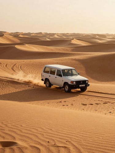 Wide environmental shot of a luxury desert caravan moving slowly across golden sand dunes in Oman, warm sunset light, 35mm film, rich terracotta shadows