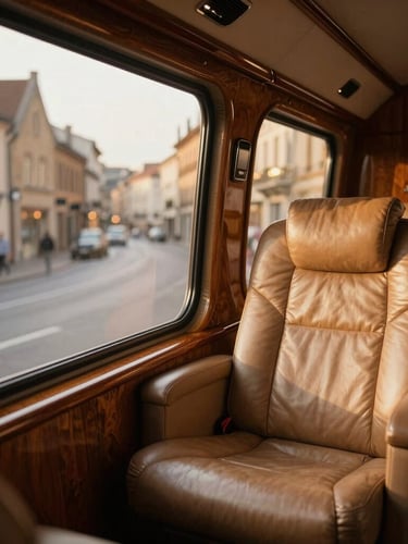 Interior of a luxury private transport vehicle, polished wood details, soft leather seats, view of historic European street through the window, warm sunlight.