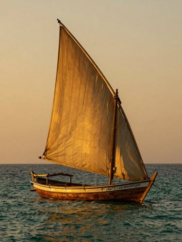 A tall portrait of a traditional wooden dhow sailing boat on the calm turquoise waters of Oman at sunset, dramatic golden hour light, warm saturated sand tones.