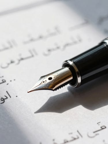 Macro shot of a high-end fountain pen resting on a complex financial contract with Arabic script, sharp morning light casting architectural shadows across the paper.