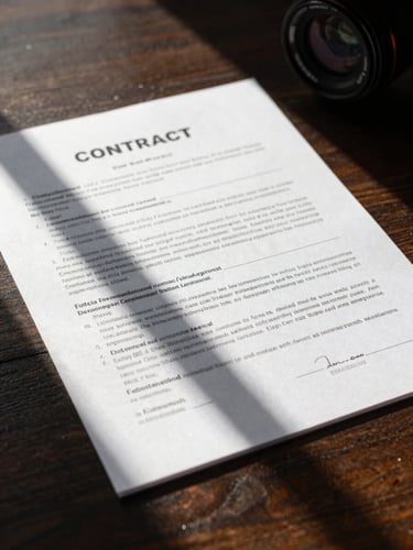 A high-contrast macro photograph of a structured financial contract on a dark wooden table, with sharp morning light casting linear architectural shadows.