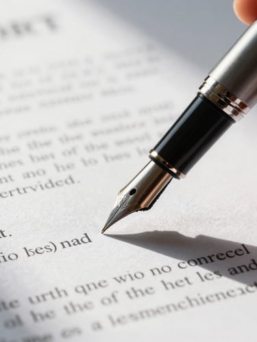 Macro shot of a high-end fountain pen signing a structured financial contract, sharp high-contrast architectural shadows, morning light, clean institutional aesthetic.