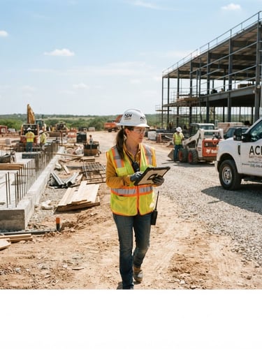 Wide environmental shot of a safety officer in high-visibility gear, hardhat, and safety glasses, actively inspecting a construction site in Texas under natural midday sun, branded ACH Safety Group truck visible in background.