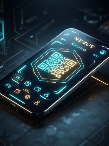 Sleek 3D render of a modern smartphone displaying Nexus Kasino app interface with a clear QR code for download, glowing neon cyan and gold accents, isometric view, dark background, high-contrast tech aesthetic.