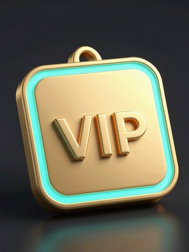 sleek digital 3d render, elegant golden VIP badge with glowing neon cyan accents, dark background, high-contrast tech aesthetic, isometric view