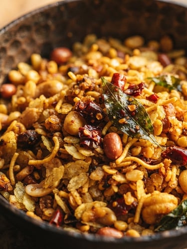 Macro texture shot of spicy golden Mixture in a rustic iron vessel, warm side-light highlighting individual red chili flecks and crisp curry leaves, shallow depth of field