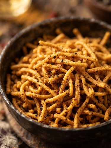 Macro texture of deep-golden Ratlami Sev with visible black pepper flecks in a traditional dark iron vessel, warm side-lighting, shallow depth of field