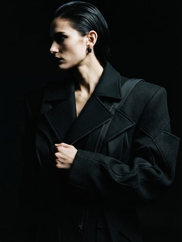 Low-key, high-contrast fashion photograph of a heavy black structural jacket on a model, harsh dramatic side-lighting, deep black background, 35mm film