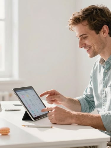 A friendly IT consultant explaining network configurations on a tablet in a bright, sunlit West Des Moines office, soft pastel accents, 35mm.