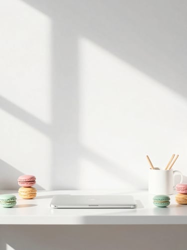 Bright minimalist workspace in West Des Moines with soft morning light, pastel macaron color accents, high-key lighting, clean modern hardware setup, 35mm.