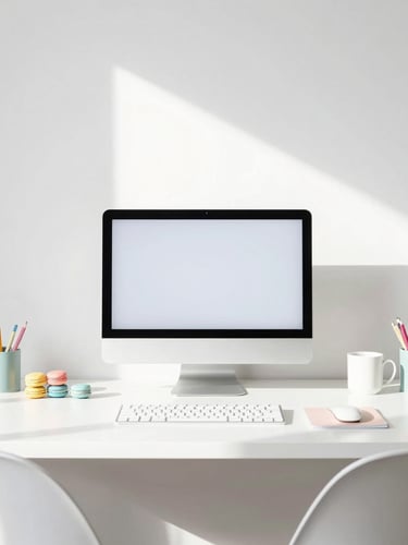 Bright modern office in West Des Moines with soft morning light, clean desk setup, colorful pastel desk accessories, high-key minimalist photography