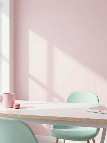 Bright minimalist modern office setup with soft pastel pink and mint green accents, clean desk, diffused natural daylight, 35mm photography