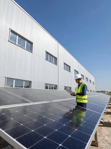 An industrial solar engineer in a high-visibility vest inspecting a solar panel array under direct, bright sunlight, wide architectural angle, crisp metallic tones.