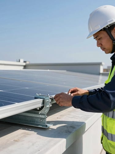 Close-up of a certified solar engineer in a high-visibility vest and hardhat inspecting heavy-duty galvanized steel mounting brackets on a rooftop installation under bright sunlight