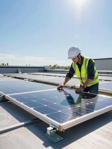 Crisp industrial photography of a solar engineer in a high-visibility vest and safety helmet inspecting a rooftop mounting structure, bright direct sunlight reflecting off metallic brackets