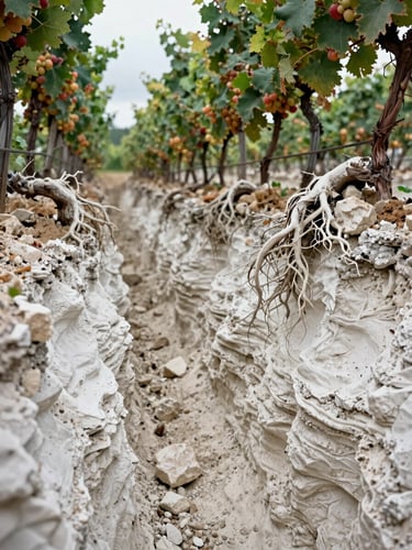 Portrait framing of a deep trench in a Champagne vineyard, showing layers of white chalky soil and ancient vine roots clinging to limestone, soft diffused overcast light.