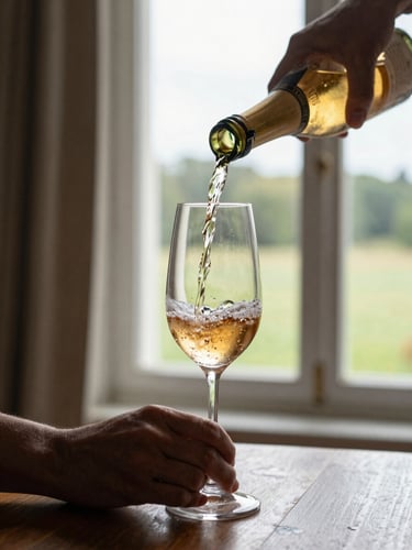 Plan serré vertical sur des mains soignées versant délicatement un Champagne ambré dans une flûte en cristal épurée, lumière douce de fin d'après-midi filtrant par une fenêtre de domaine.