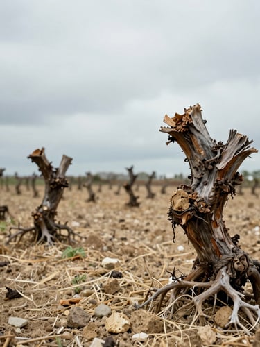 Vue panoramique rapprochée d'un sol crayeux et de racines de vigne dans la Côte des Blancs sous un ciel couvert et lumineux, détails minéraux, esthétique éditoriale épurée.