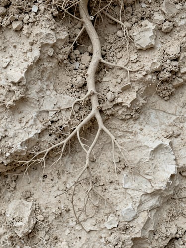 Macro shot of chalky limestone soil and delicate vine roots, soft diffused natural light, minimalist composition, editorial style