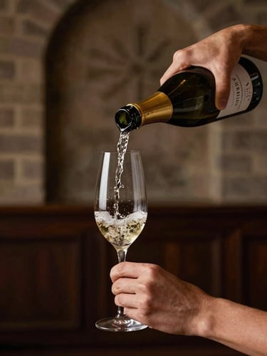 Gros plan élégant de mains versant un filet précis de champagne dans une flûte minimaliste, contrastes d'ombres douces dans une cave historique.
