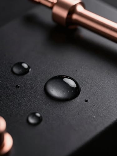 Close-up of clean water droplets on a smooth matte black surface with rose gold fixtures, dramatic low-key lighting, high contrast