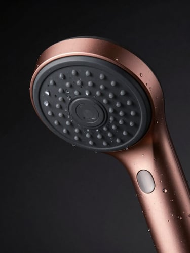 Macro shot of a sleek rose gold and matte black shower head with glowing water droplets, dramatic low-key studio lighting, high contrast, dark background