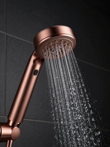 Macro shot of a sleek rose gold shower head with delicate water stream, dark anthracite tiled background, dramatic side lighting