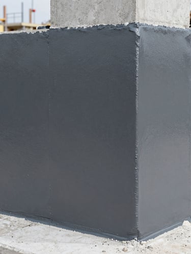 Crisp close-up of a seamless, dark slate-gray cured polyurethane protective coating on a concrete foundation wall, showing uniform texture and perfect adhesion, bright natural light