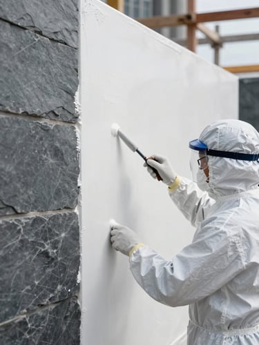 Crisp industrial photography of a technician in full protective safety gear applying a white fire-retardant polyurethane coating to a commercial wall assembly, bright natural construction-site light, cool slate tones, sharp focus, 35mm