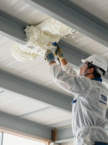 Medium shot of a certified TSR Solutions technician in full protective safety gear applying spray foam insulation to a high-ceiling commercial steel deck, bright natural daylight, clean execution, sharp focus