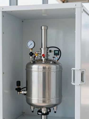 Crisp industrial photography of a clean mobile rig interior reactor, modern proportioners with digital gauges, bright natural construction-site light, cool slate and white tones, sharp focus, 35mm