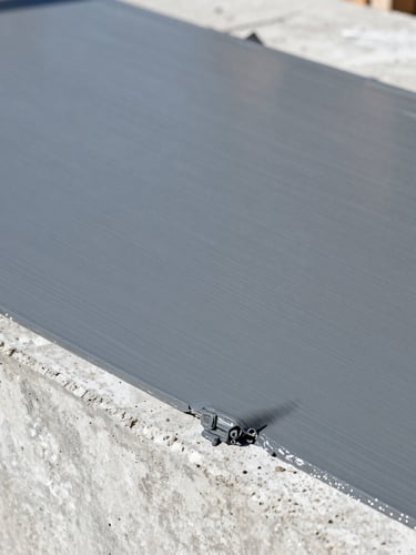 Macro close-up of a seamless, thick slate-gray polyurethane waterproofing membrane being precisely applied to a concrete foundation wall, bright daylight, sharp focus on the curing texture.