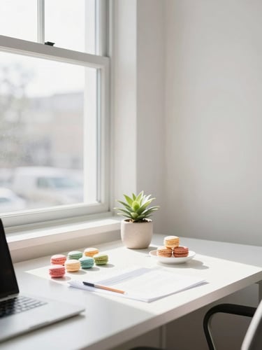 bright minimalist photography, soft natural daylight, pastel macaron color accents, clean airy composition, 35mm. A local Wisconsin office desk with a neatly organized workspace, a small green plant in a ceramic pot, and warm sunlight streaming through a large window.