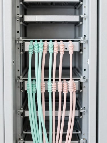 Bright minimalist photography of clean, organized office server racks with soft mint and blush cable ties, high-key daylight, 35mm