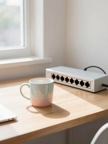 A bright minimalist workspace in Platteville with natural sunlight streaming through a window, a soft pastel macaron colored mug on a wooden desk next to a neatly organized network switch, 35mm.