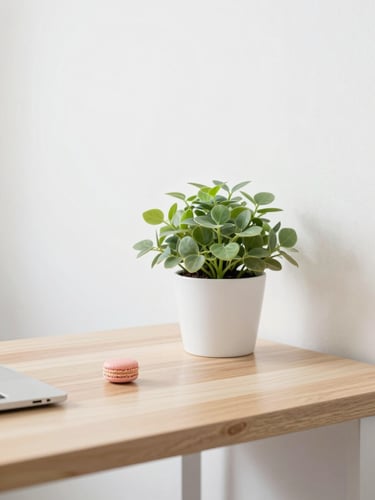 A bright, high-key photo of a clean local office workspace in Platteville with soft natural daylight, a minimalist wooden desk, and a pastel green plant.