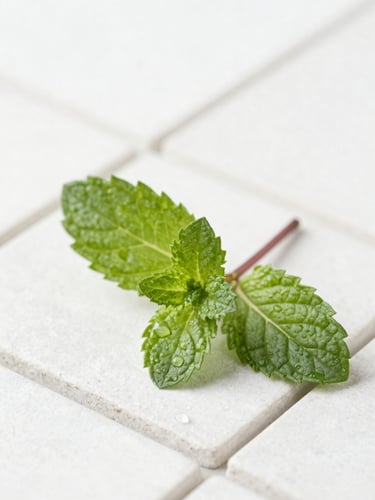 Macro photography of pure botanical mint leaves with morning water droplets on a clean white stone tile, bright diffused daylight, clinical editorial style