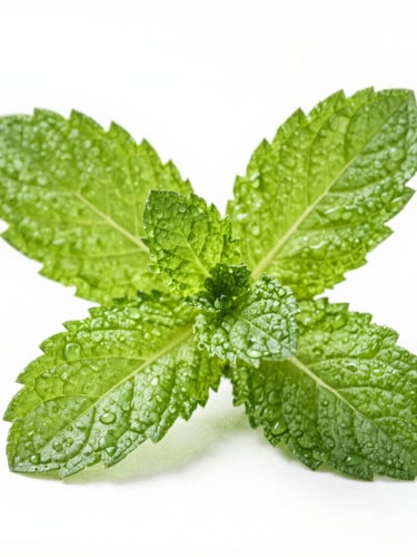 Macro photography of fresh green mint leaves with water droplets, bright diffused daylight, clean white background, clinical editorial style