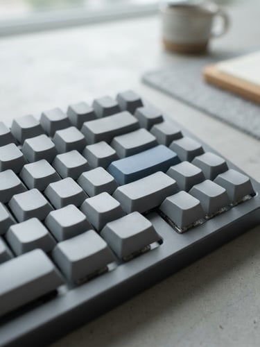 Macro shot of a sleek mechanical keyboard with cool gray keycaps and a single subtle blue accent key, soft diffused daylight, minimalist desk setup