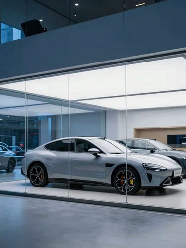 Sleek modern automotive showroom with clean glass facade, cool blue ambient lighting, sharp highlights, 35mm