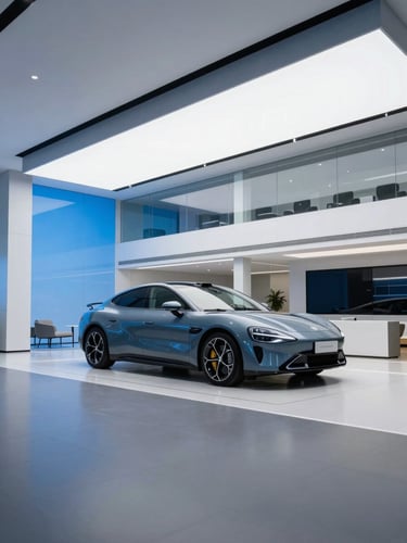 Sleek modern automotive showroom with clean glass walls, high-key blue studio highlights, wide 35mm angle