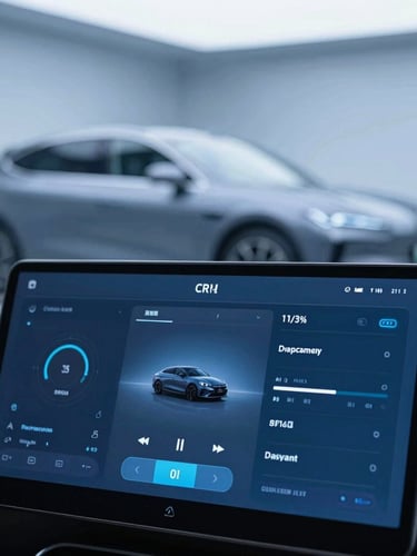 Tight macro shot of a modern automotive CRM dashboard on a tablet screen, cool blue ambient lighting, sleek car silhouette blurred in the background, 35mm
