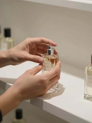 Close-up of a pair of hands in a clean studio setting, carefully repositioning a glass perfume bottle on a white display shelf, north-facing daylight from the left casting a soft shadow, no warm tones, the bottle label deliberately out of frame — evidence of precision, not decoration