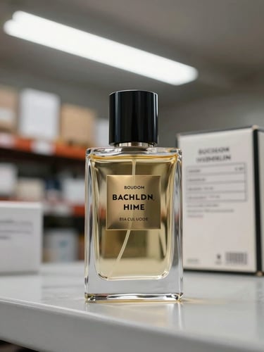Close-up of a luxury fragrance bottle standing on a warehouse shelf in a controlled logistics environment, clean fluorescent overhead light, shipping documentation visible blurred in the background — product as operational evidence not lifestyle prop