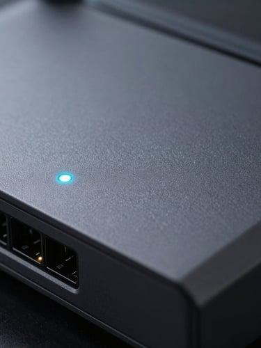 Macro shot of a sleek dark grey fiber router, sharp focus on a single glowing electric-cyan indicator light, cool low-key lighting, dark clean environment.