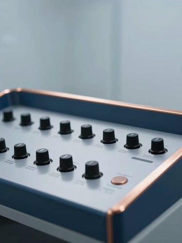 Close-up of a modern physical-digital controller interface inside a clean automated environment, soft diffused lighting, metallic copper accents, minimalist composition