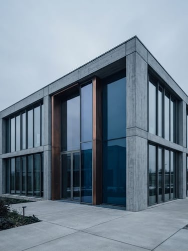 Minimalist architectural photography of a concrete and glass structure, sharp linear perspective, cool diffused overcast light, deep blue and copper tones