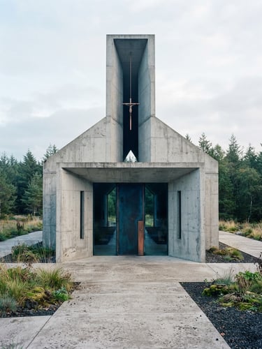 Symmetrical minimalist concrete architecture with clean lines, soft diffused daylight, deep blue shadows, sharp focus, 35mm lens